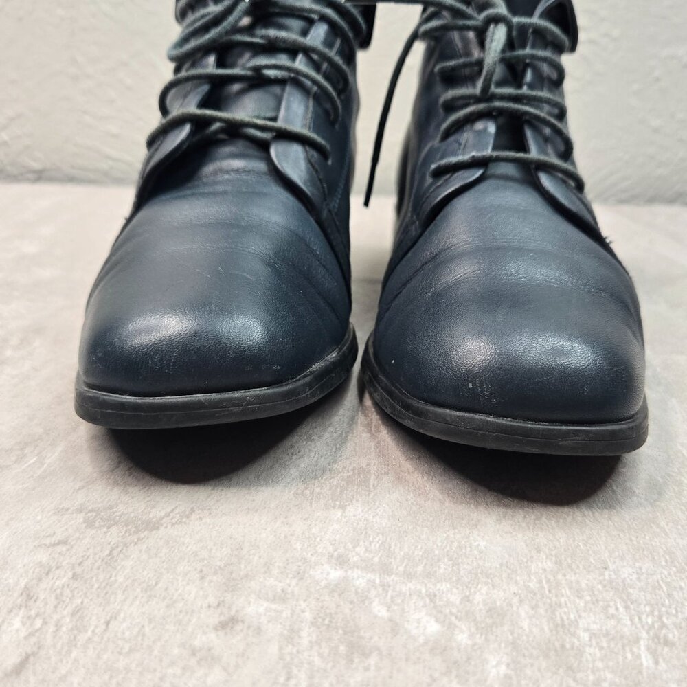 Vintage Square Toe Ankle Bootie Sz 6 Navy Blue Leather Retro Grunge Lace Up Boot - Picture 4 of 10